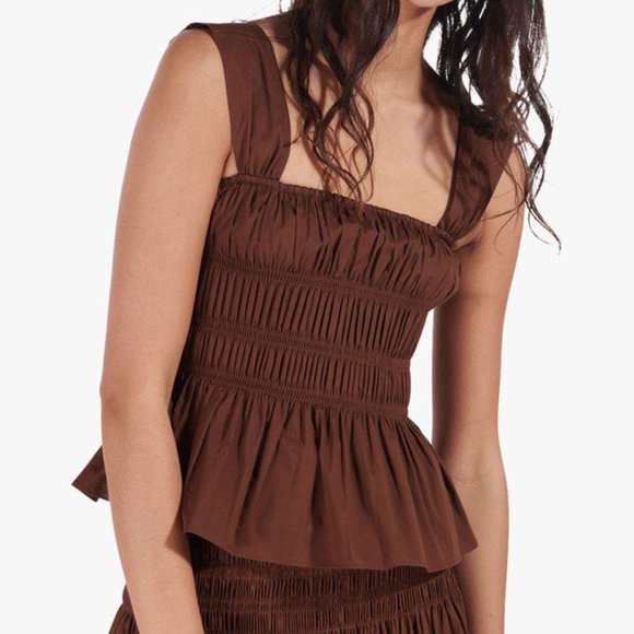 STAUD Brown Smocked Peplum Blouse - Picture 1 of 13